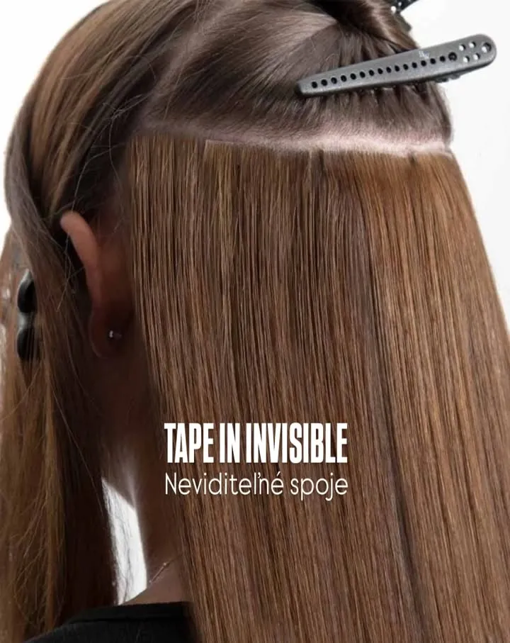 Invisible Tape-in - najnovšia inovácia v oblasti spracovania vlasov, pramene vlasov týchto pások siahajú po celej páske...