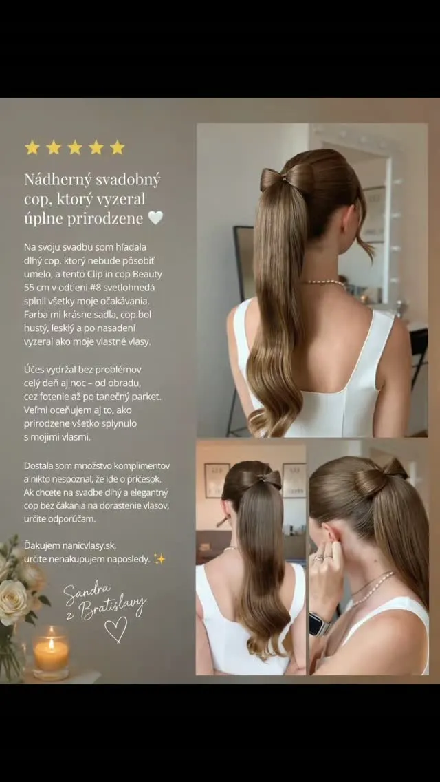 Ďakujeme za krásnu recenziu 💍👑 🤍 Clip in cop Beauty 📏 55 cm 🎨 Odtieň #8 svetlohnedá 🌿 100 % ľudské vlasy #wedding #wed...